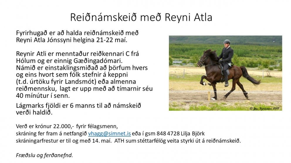 Reiðnámskeið með Reyni Atla 21-22 maí