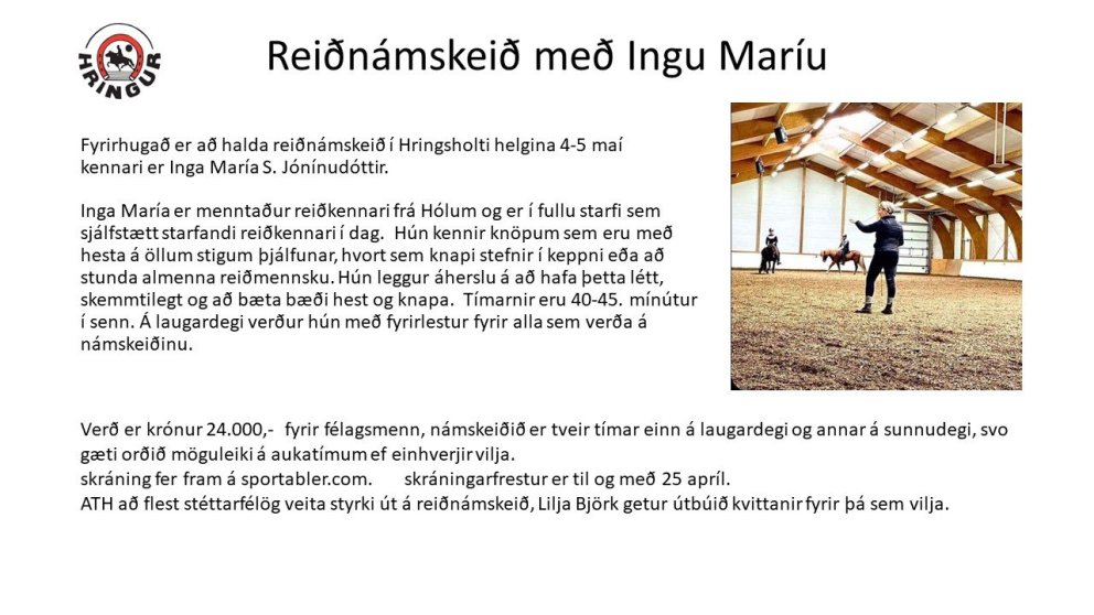 Reiðnámskeið 4-5 maí, kennari Inga María