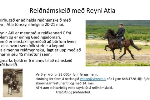 Reiðnámskeið með Reyni Atla 20-21 maí
